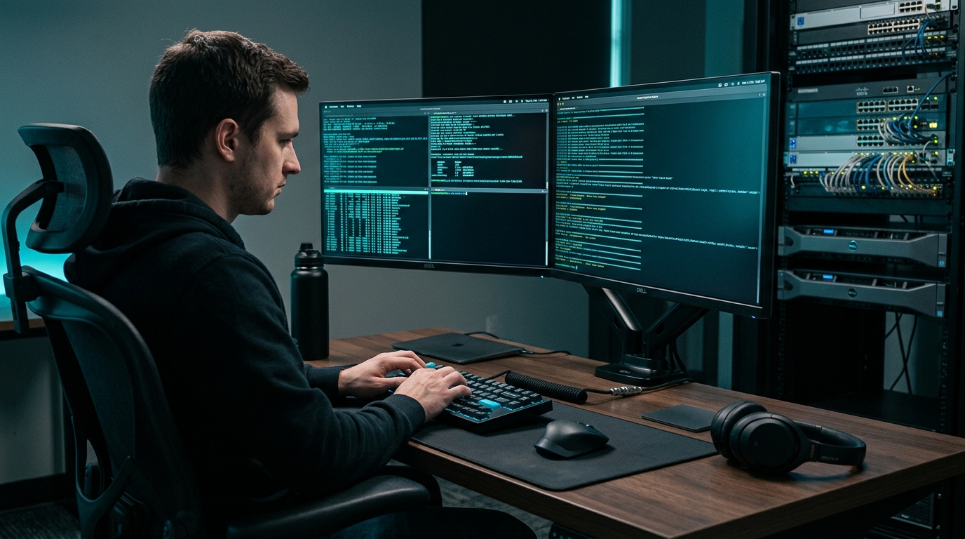 System administrator workstation with dual displays executing Ansible automation scripts in terminal with server rack background