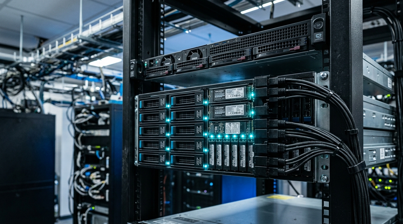 Enterprise NVMe SSD arrays in server rack with cyan LED indicators and neat SAS cabling