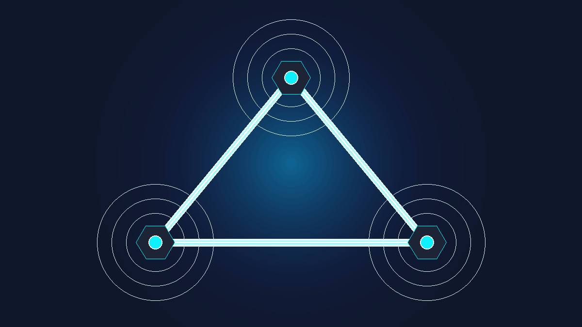 Abstract geometric 3-node crystalline cluster mesh interconnected by luminous cyan light conduits