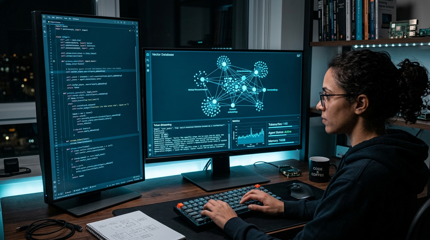 Engineer Coding Local AI Agent State Machine on Vertical Display with Vector Database Graph Visualization 2026
