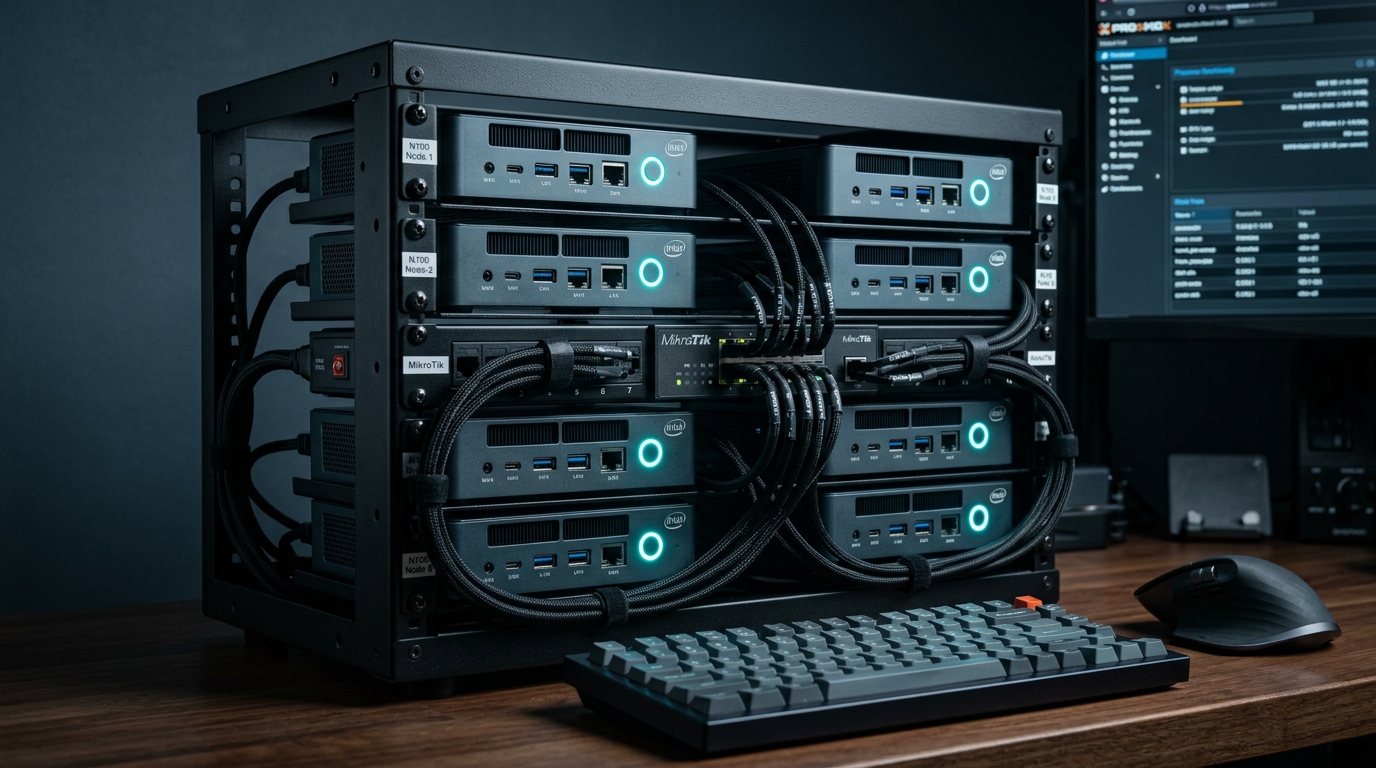 Compact Intel N100 Mini PC Cluster Mounted in Desktop Server Rack with Cyan LED Rings 2026