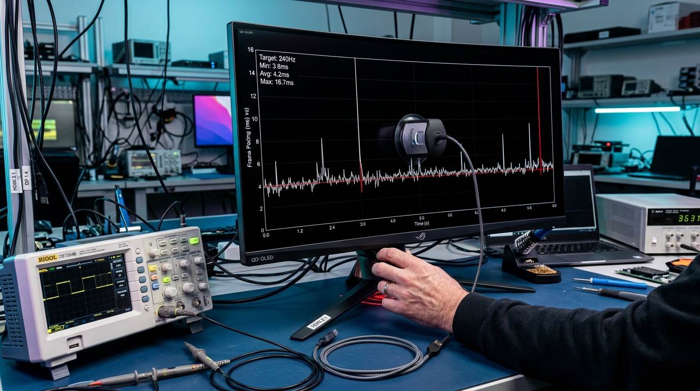Hardware display test bench with high-refresh QD-OLED gaming monitor, oscilloscope, and colorimeter sensor analyzing gamma curve flicker