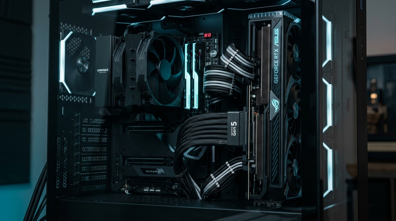 High-End Custom Gaming PC Interior with Vertical GPU Mounted on Ultra-Shielded Gen 5 PCIe Riser Cable 2026