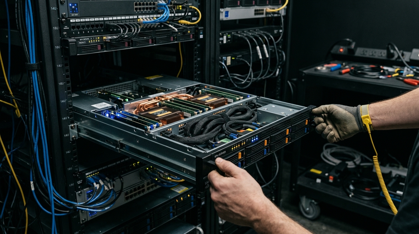 Server engineer installing 2U rackmount GPU server chassis into enterprise homelab rack for local vector database and LLM inference
