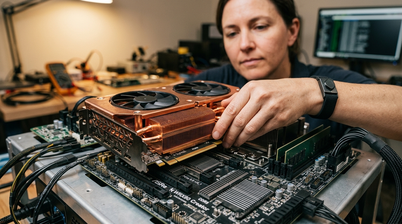 Computer hardware engineer installing dual-slot GPU with copper heatsinks into motherboard PCIe 5.0 slot on open-air homelab test bench