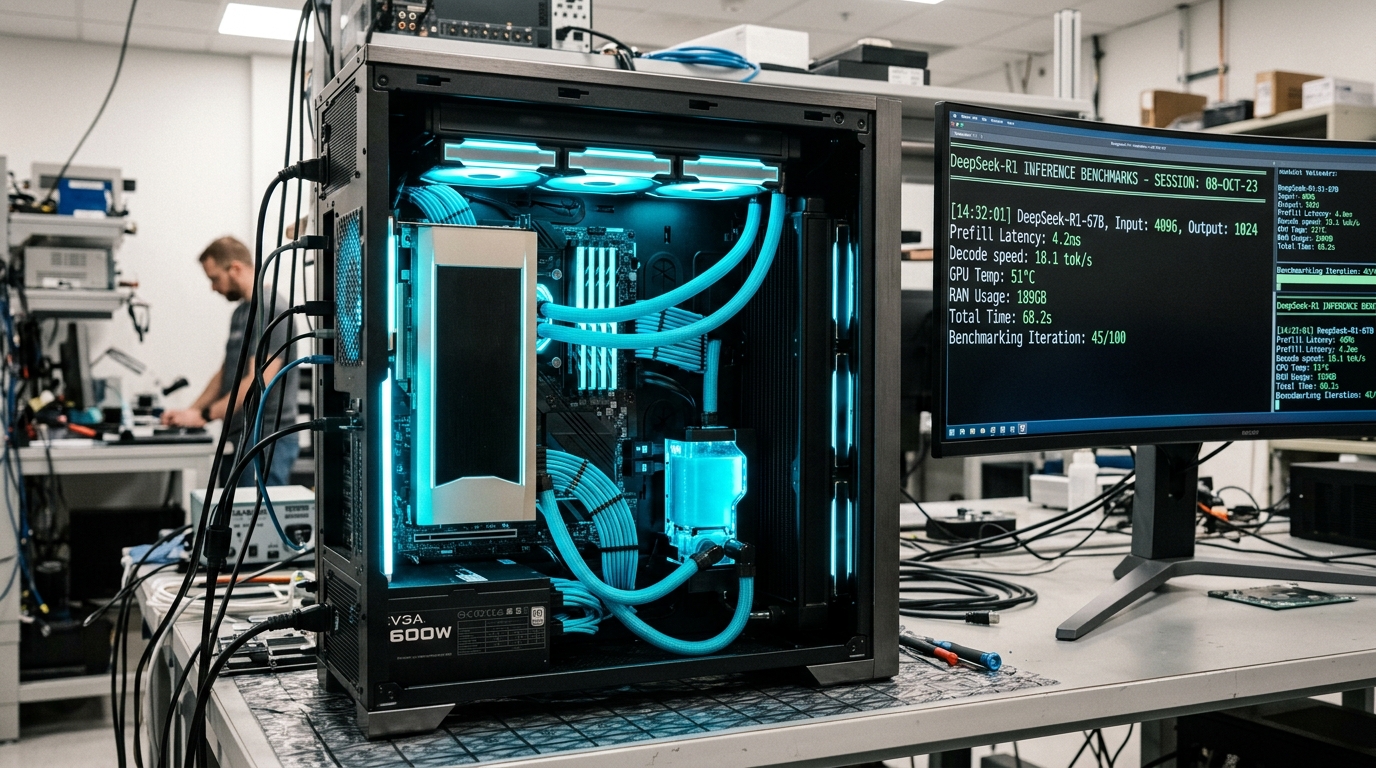 High-end AI workstation running DeepSeek-R1 671B local inference benchmarks with cyan liquid cooling
