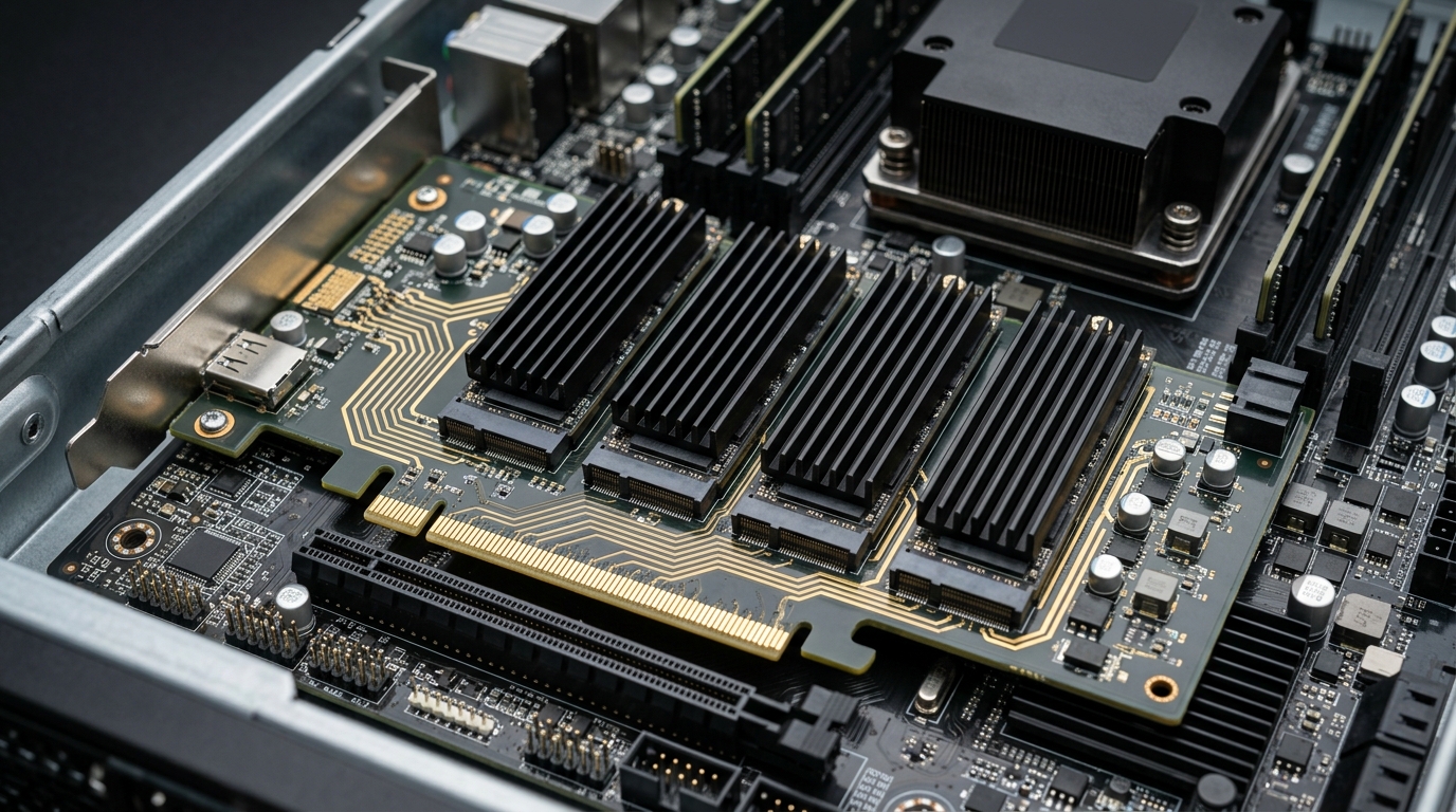 PCIe x16 quad M.2 NVMe carrier card with passive heatsinks on server motherboard