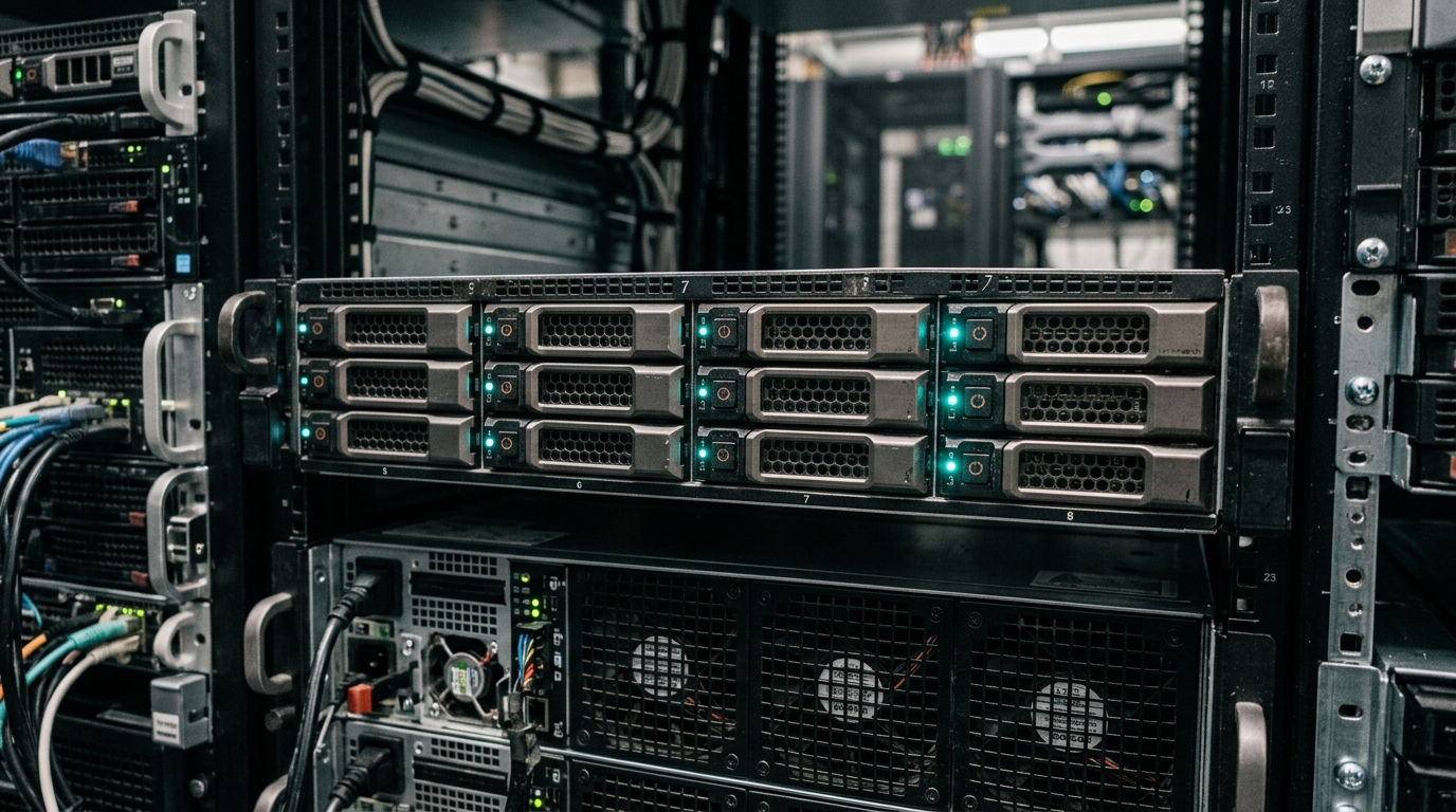 Enterprise 2U backup storage appliance with hot-swap hard drive bays and teal LED indicators in datacenter rack