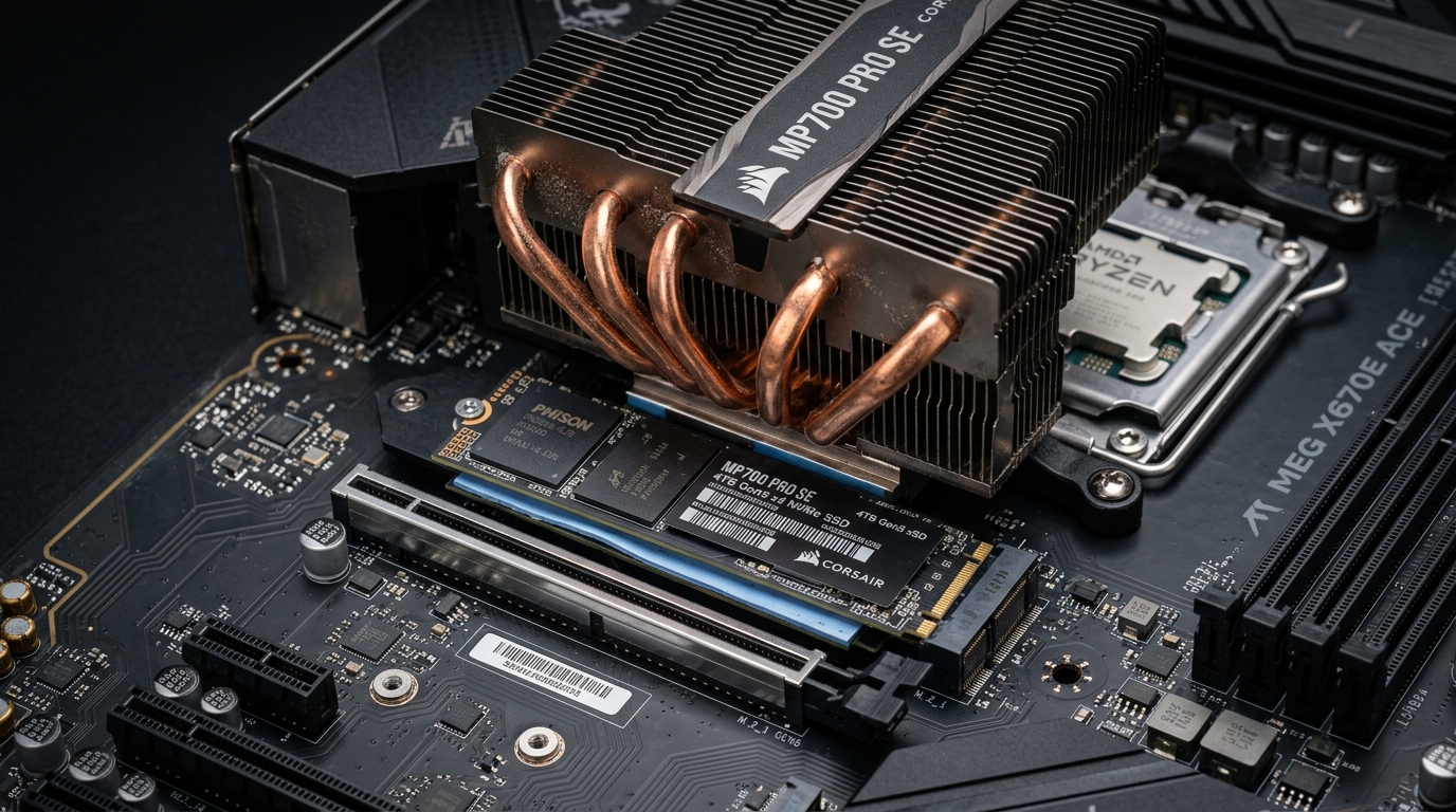 M.2 NVMe SSD copper heatpipe heatsink installation with thermal pads on an AM5 motherboard