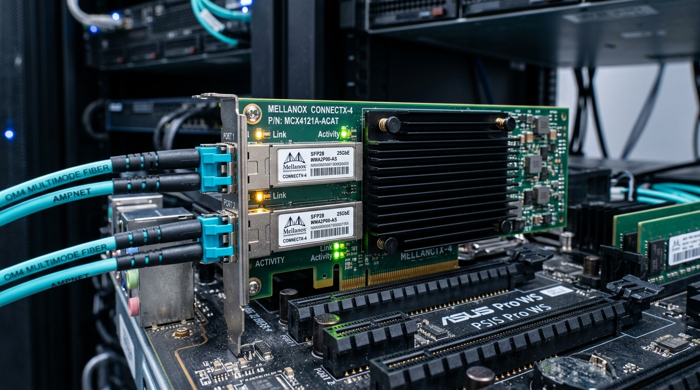 Mellanox ConnectX-4 Lx 25GbE PCIe server NIC with dual SFP28 optical fiber transceivers installed