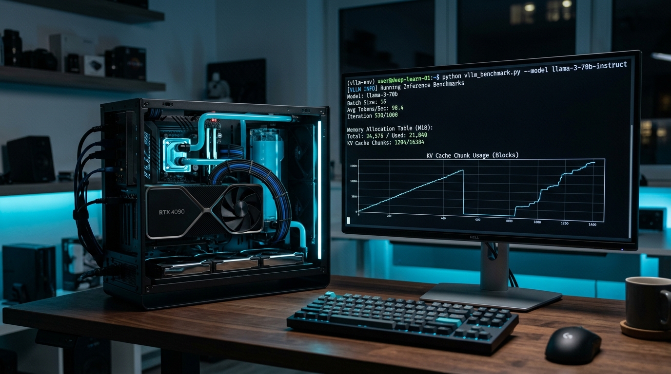 AI developer workstation with dual GPUs running vLLM KV cache memory benchmarks on terminal monitor