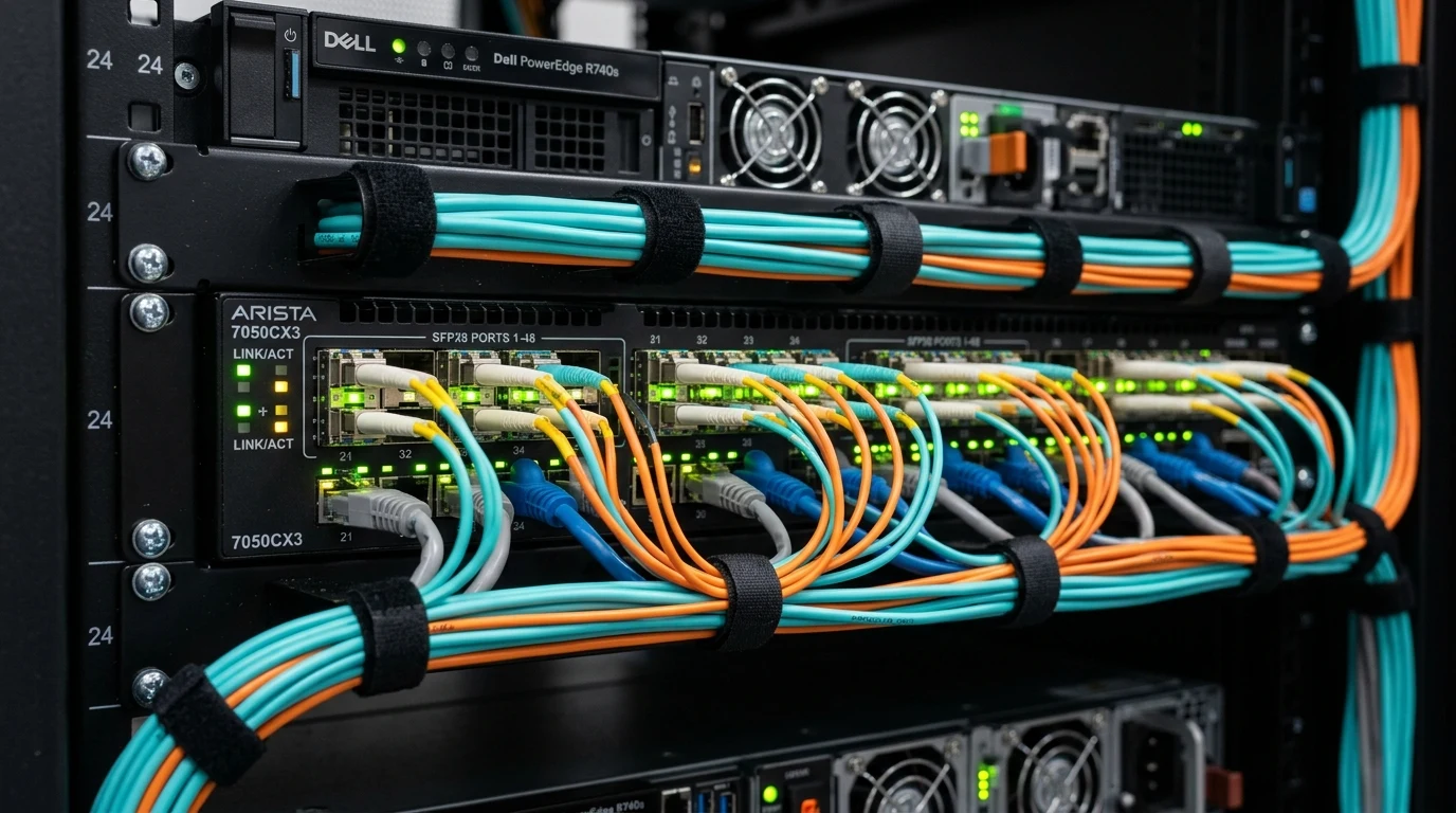 Enterprise top-of-rack datacenter switch with high-speed 25GbE SFP28 optical fiber transceivers and Cat6a patch cabling