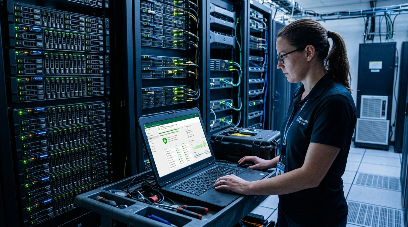 Enterprise data center backup repository server rack displaying hardened immutable Linux storage monitoring screens