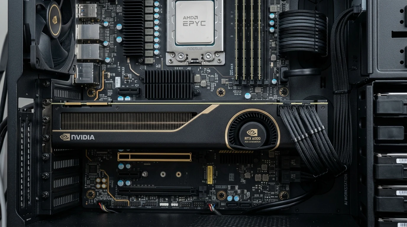 Interior macro view of an enterprise AI engineering workstation showing Nvidia RTX 6000 Ada enterprise GPU on a motherboard