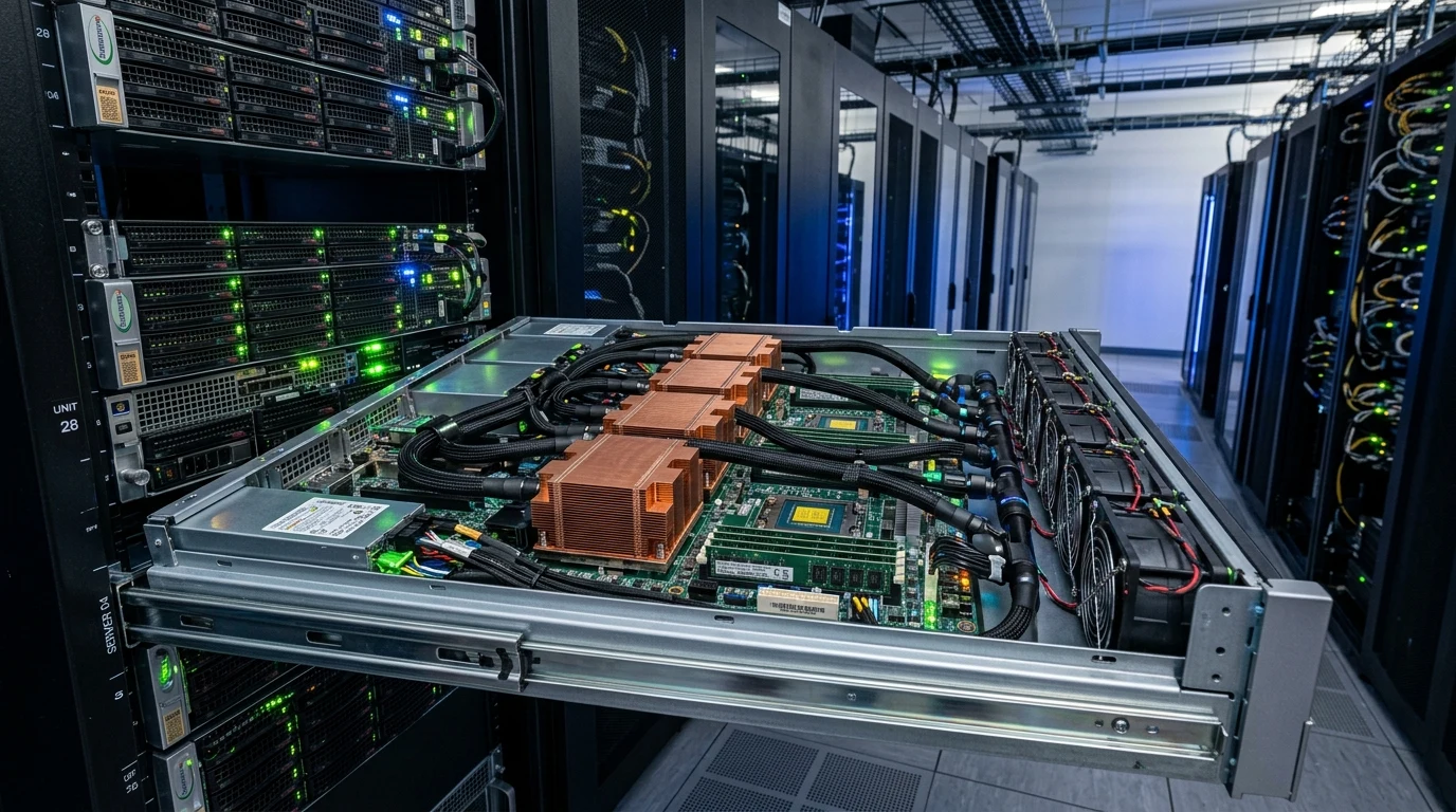 Enterprise data center technician inspecting high-density multi-GPU AI server chassis with liquid cooling lines