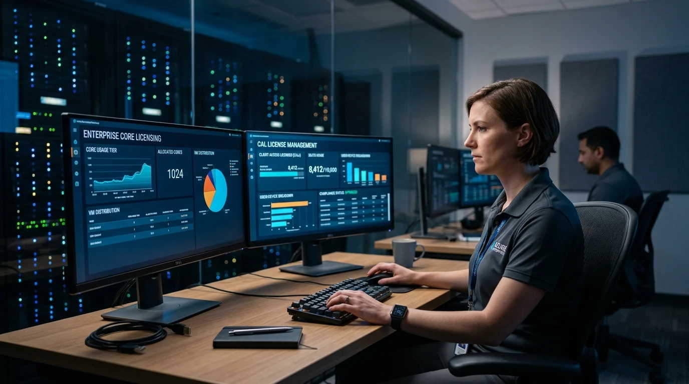 Enterprise IT administrator analyzing Windows Server 2025 Datacenter core licensing allocation in a server room
